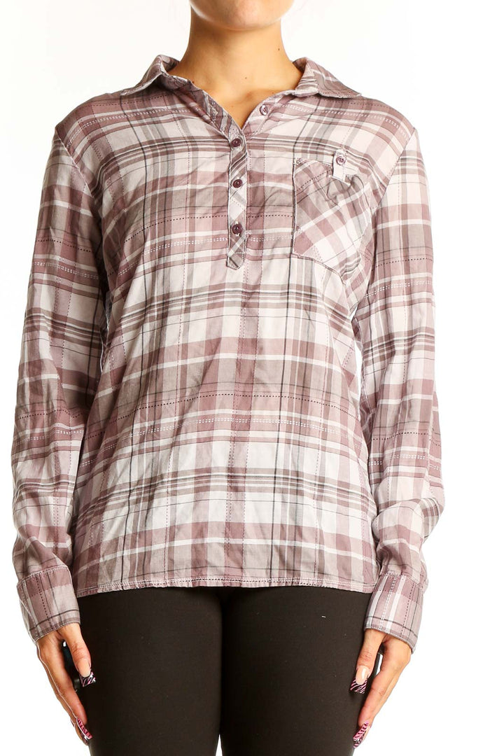 Front view of KUHL pink plaid Tencel button-up shirt