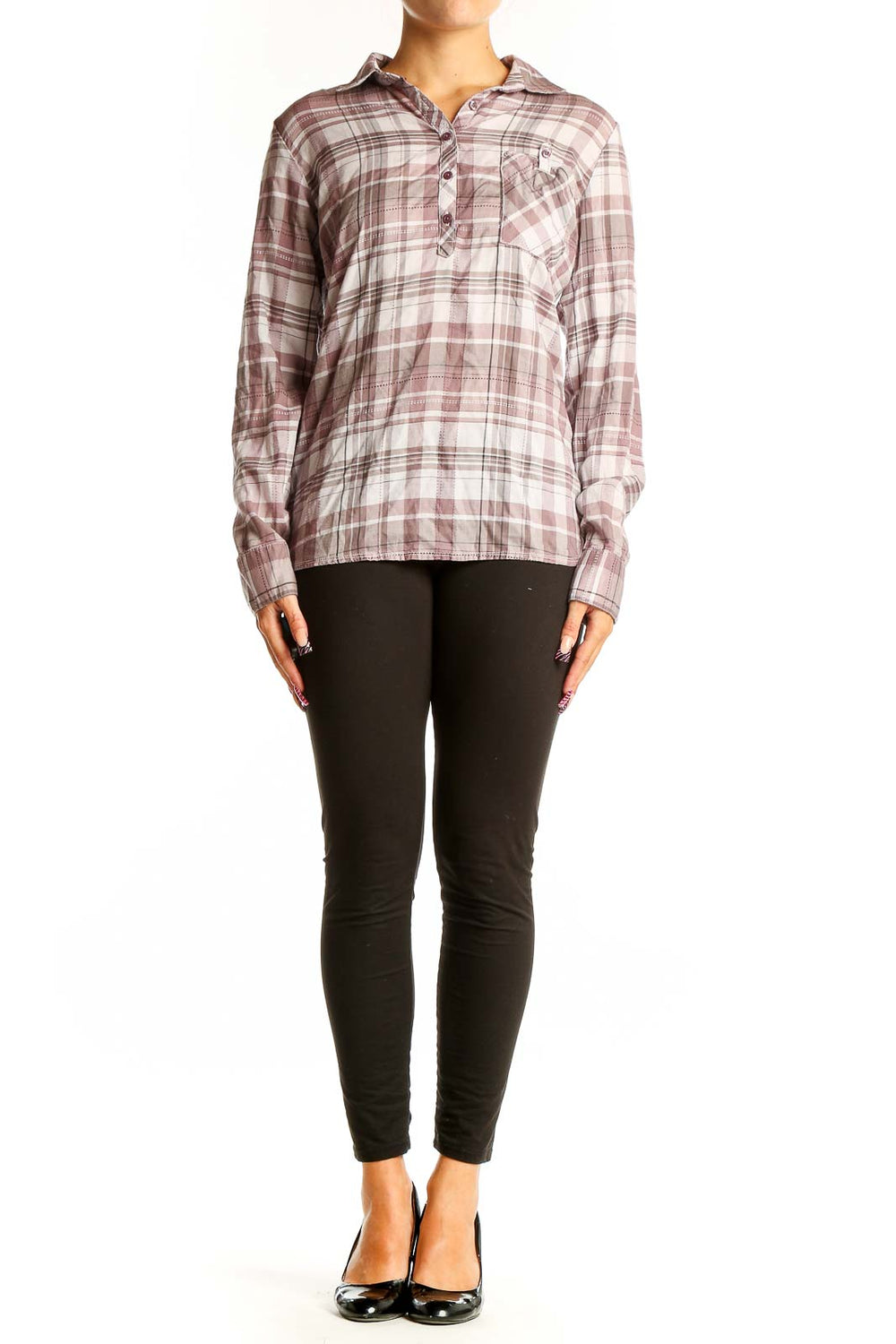 Front view of KUHL pink plaid Tencel button-up shirt