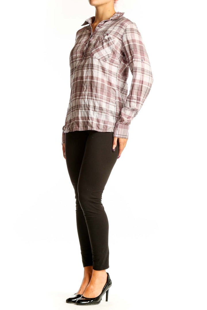 Front view of KUHL pink plaid Tencel button-up shirt
