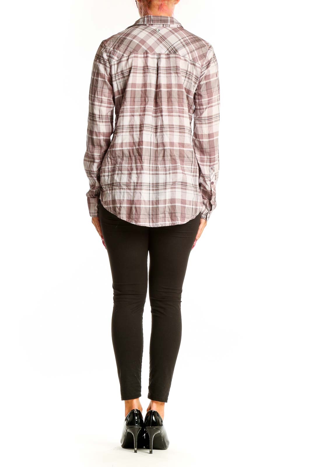 Back view of KUHL pink plaid Tencel button-up shirt on model
