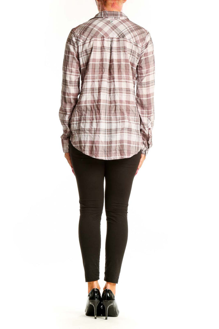 Back view of KUHL pink plaid Tencel button-up shirt on model