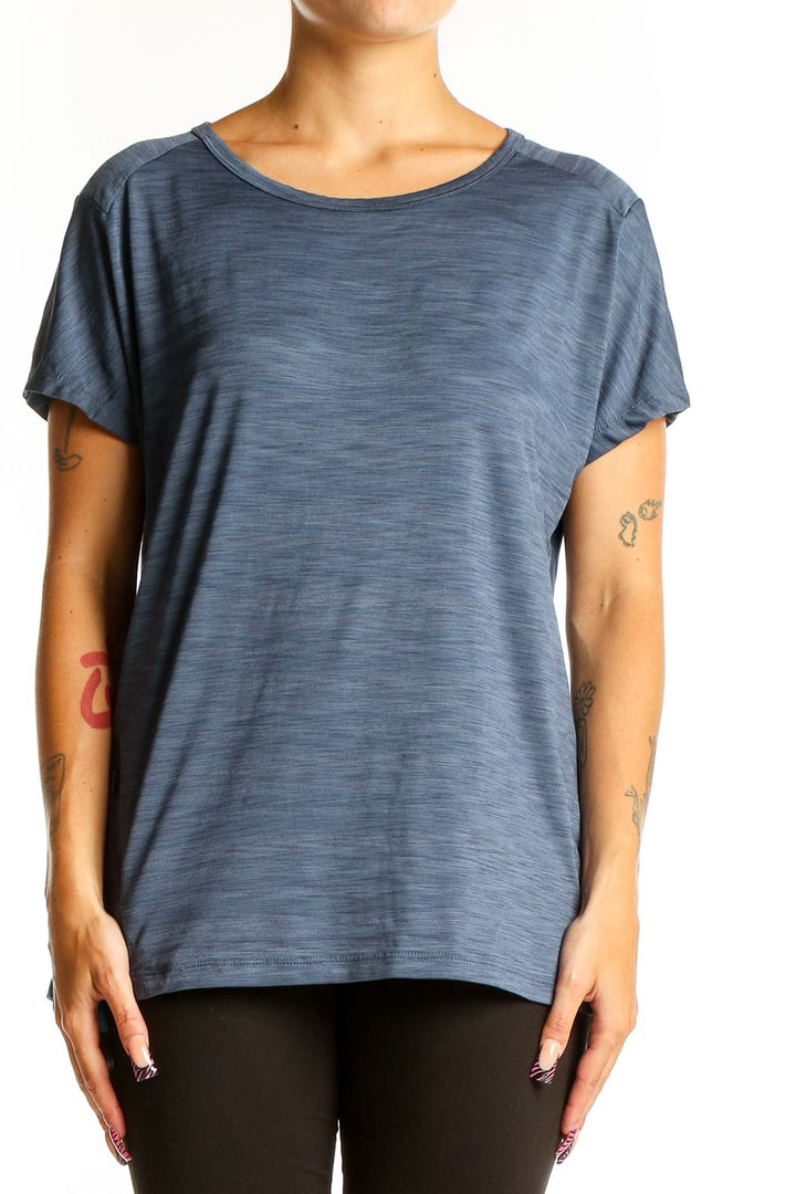 Front view of blue heathered Mountain Hard Wear performance t-shirt