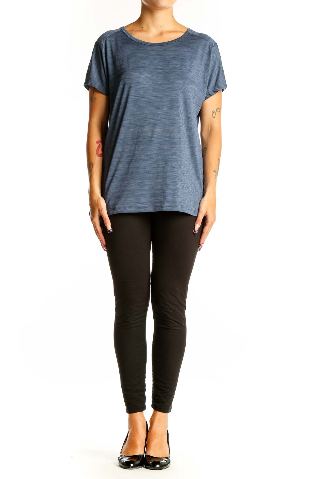 Front view of blue heathered Mountain Hard Wear performance t-shirt