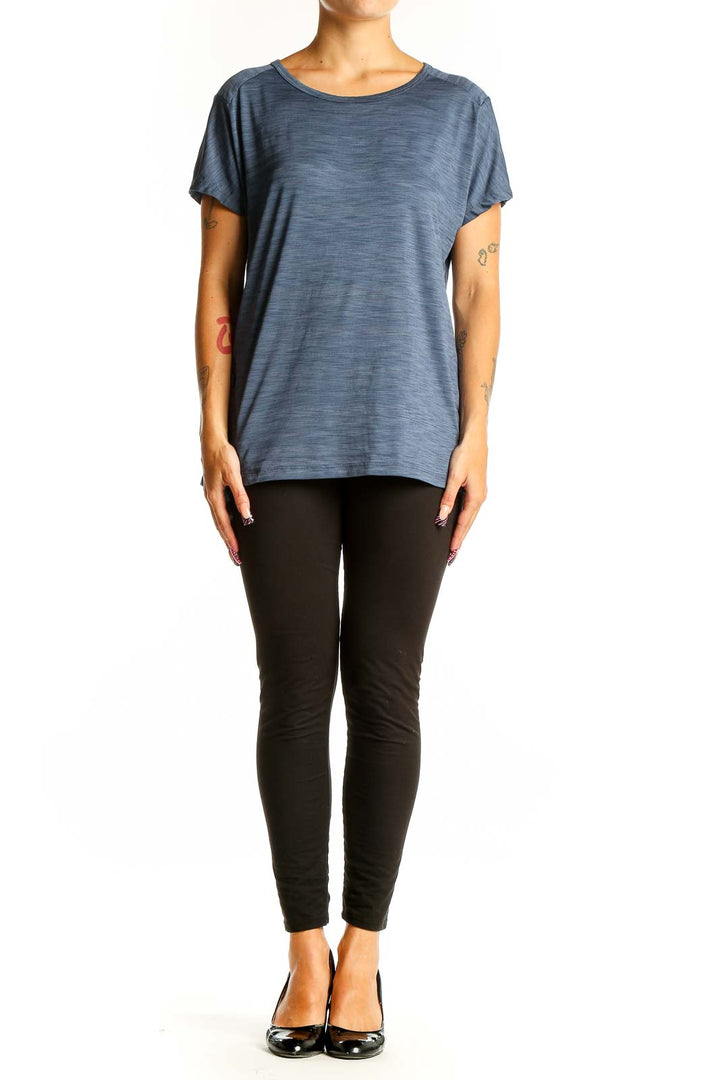 Front view of blue heathered Mountain Hard Wear performance t-shirt