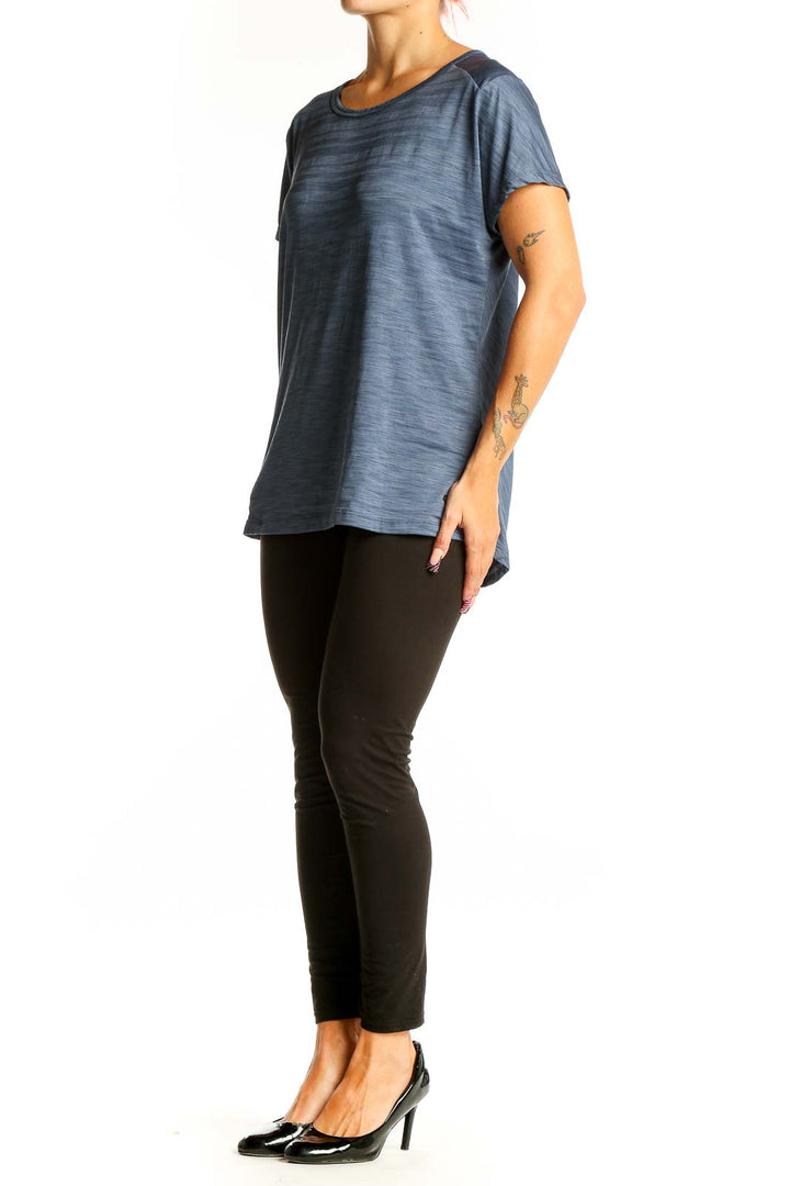 Front view of blue heathered Mountain Hard Wear performance t-shirt