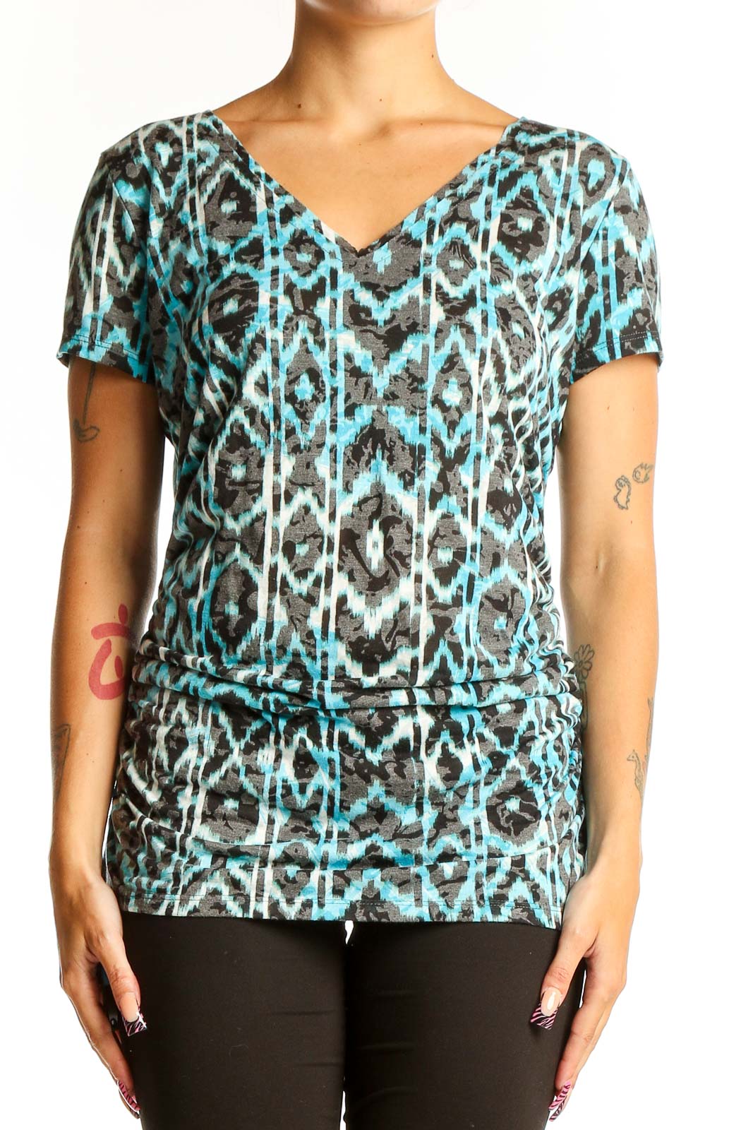 Front view of turquoise ikat print V-neck top by International Concepts