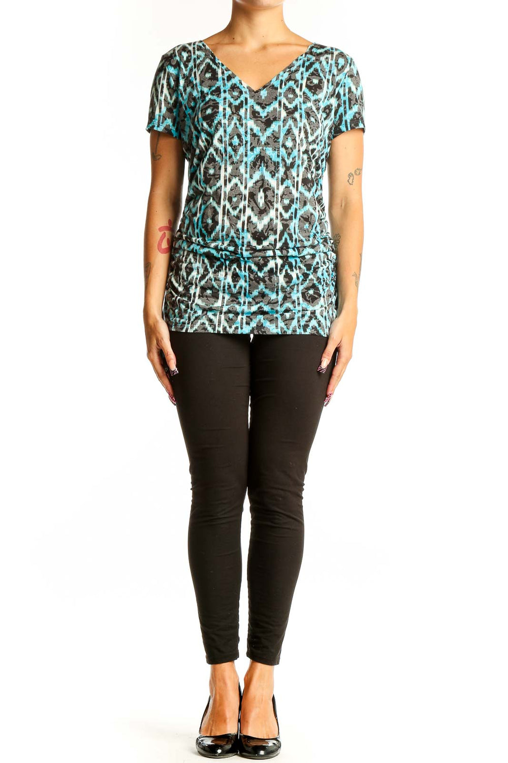 Front view of turquoise ikat print V-neck top by International Concepts