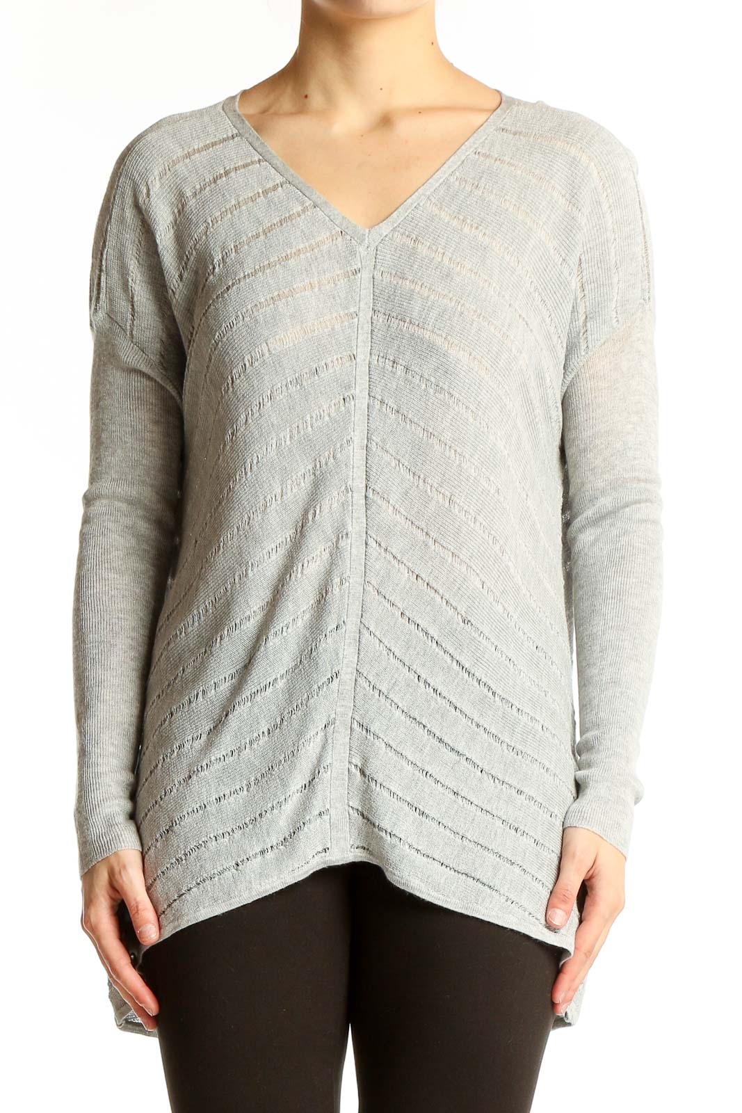 Front view of Eileen Fisher gray V-neck chevron knit sweater