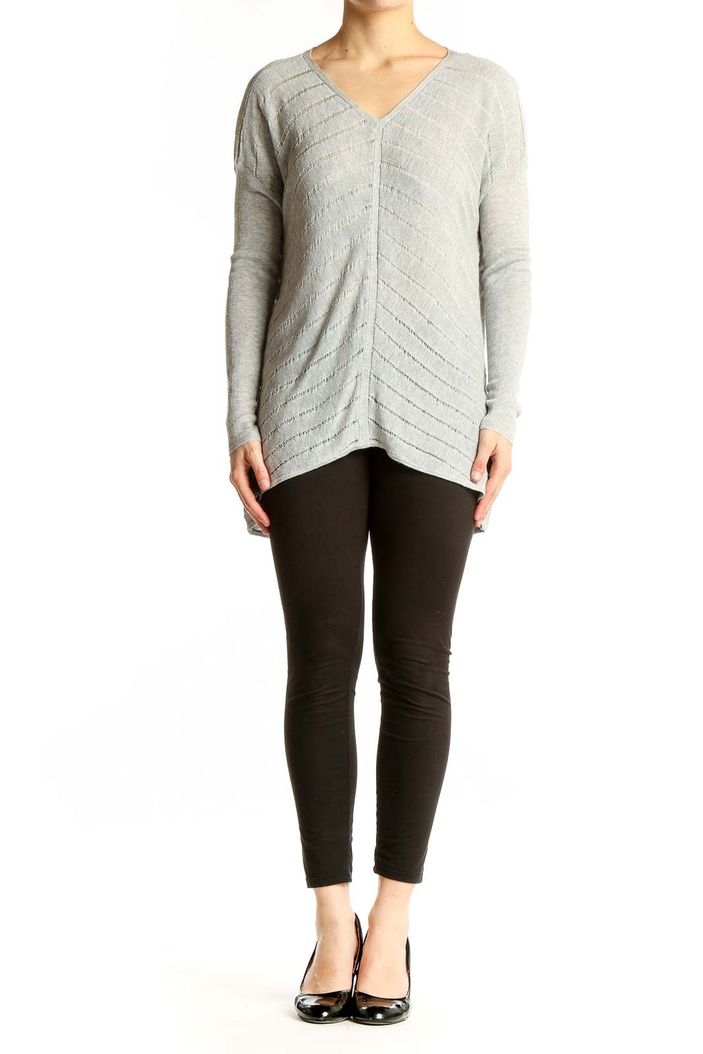 Front view of Eileen Fisher gray V-neck chevron knit sweater