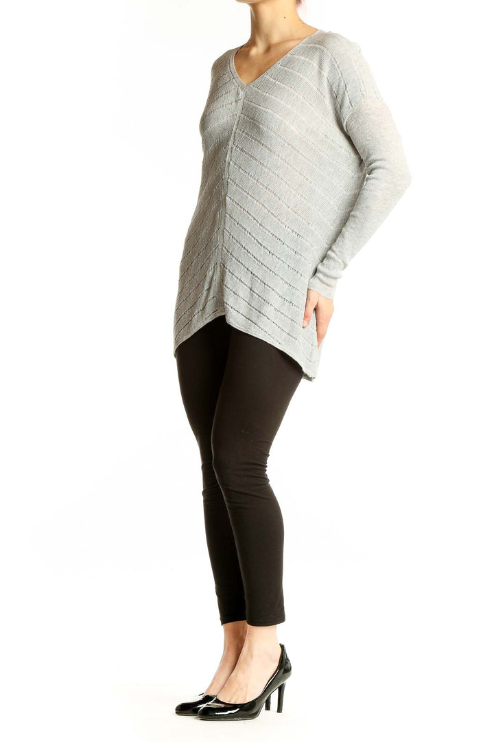 Front view of Eileen Fisher gray V-neck chevron knit sweater