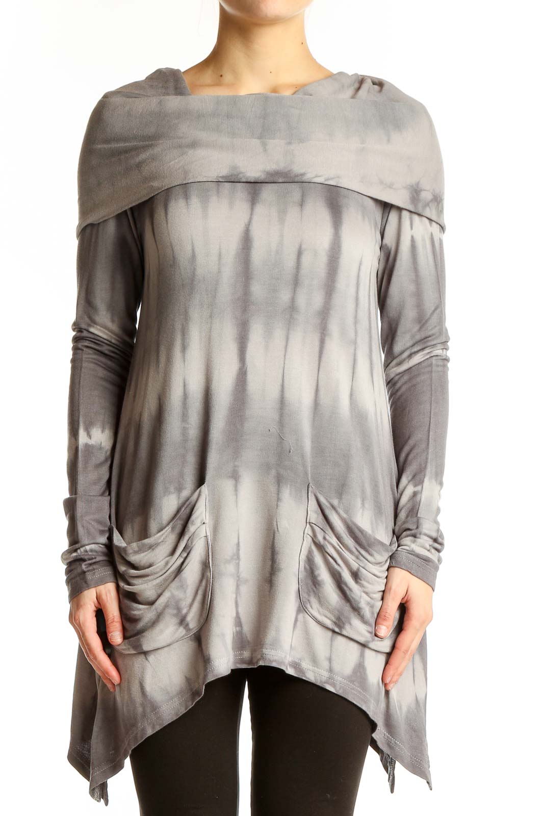 Front view of gray tie-dye cowl neck tunic top from Saks Fifth Avenue