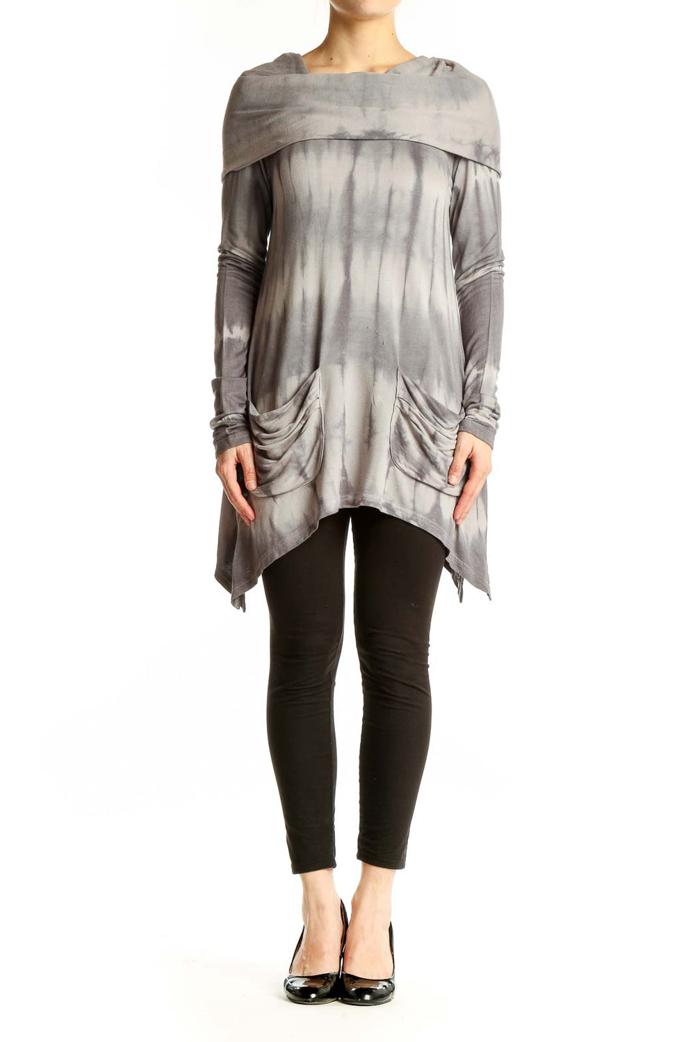 Front view of gray tie-dye cowl neck tunic top from Saks Fifth Avenue
