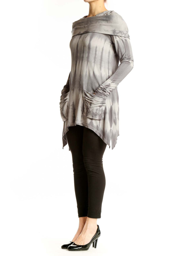 Front view of gray tie-dye cowl neck tunic top from Saks Fifth Avenue