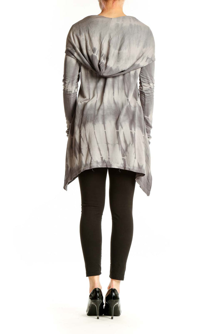 Side view of gray tie-dye cowl neck tunic top from Saks Fifth Avenue