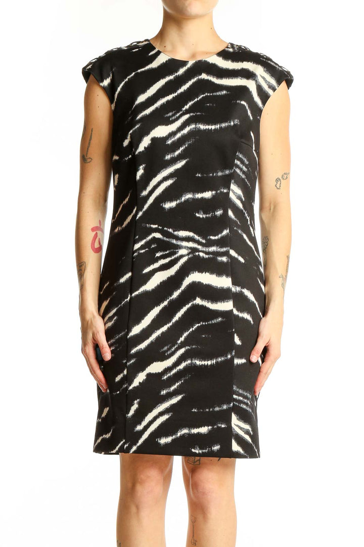 Front view of Michael Kors black and white zebra print sheath dress