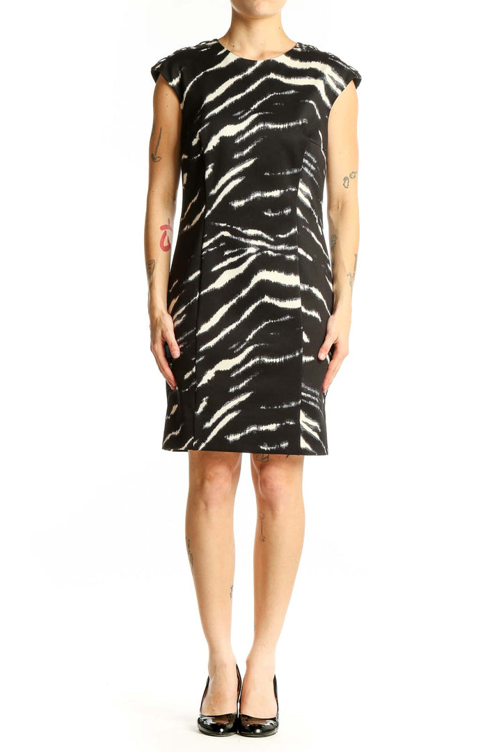 Front view of Michael Kors black and white zebra print sheath dress