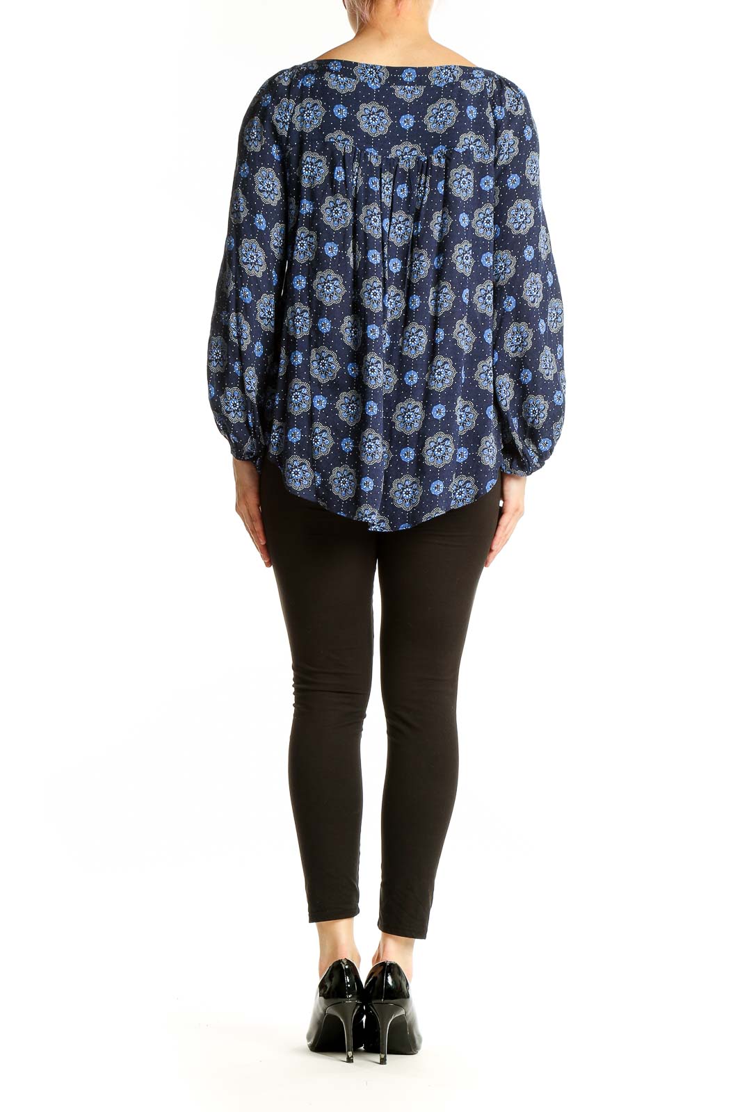Back view of Maeve navy floral print blouse showing relaxed fit