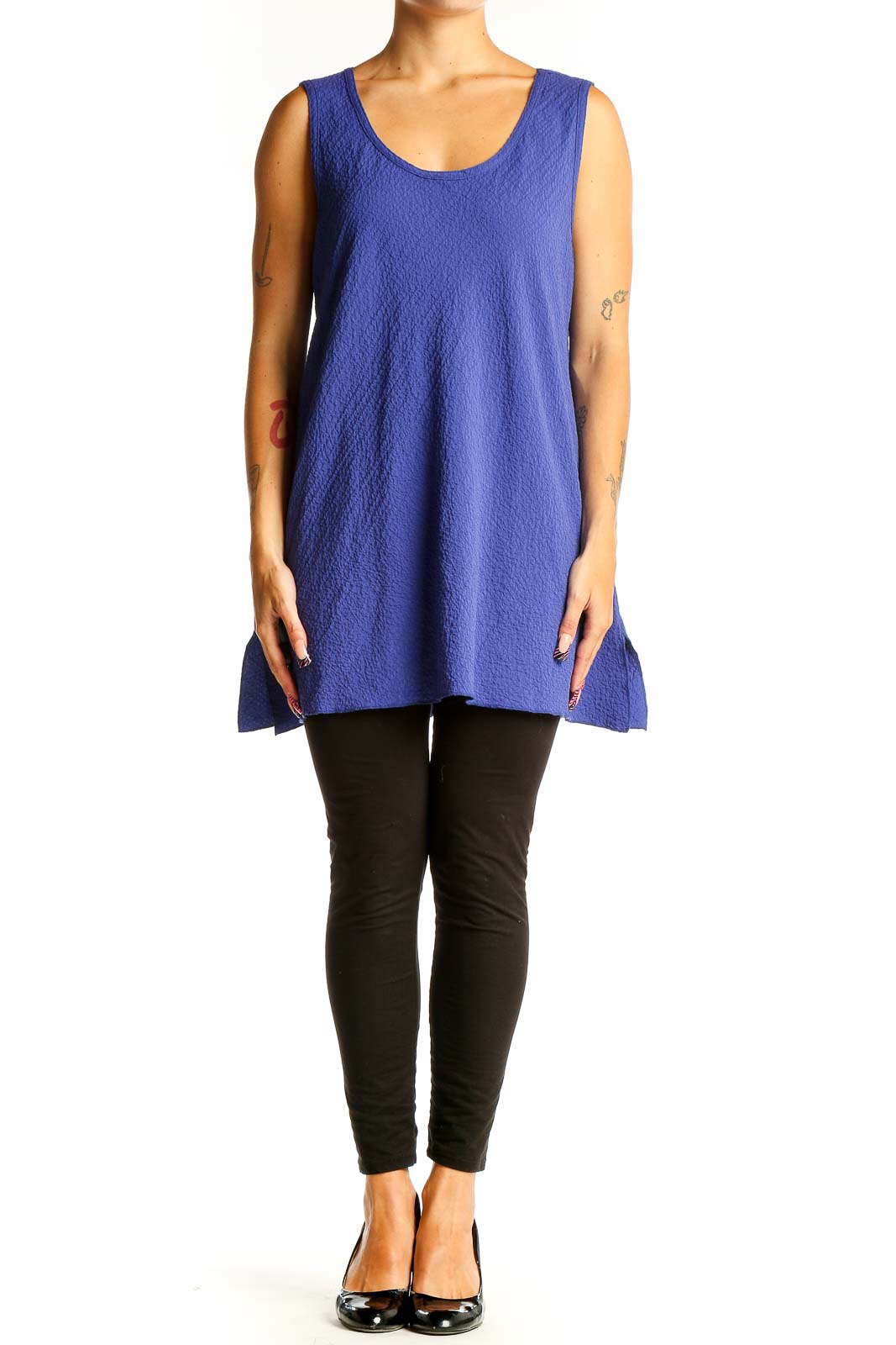 Front view of blue textured sleeveless tunic top from Soft Surroundings