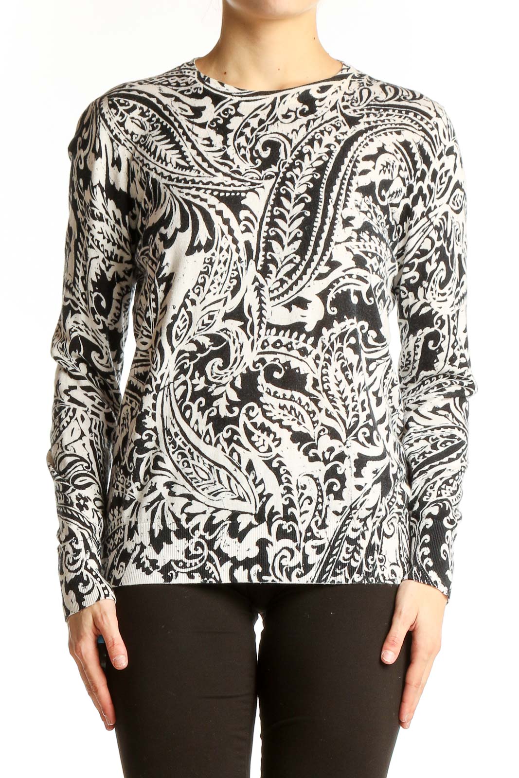 Front view of Lauren Ralph Lauren black and white paisley print knit sweater