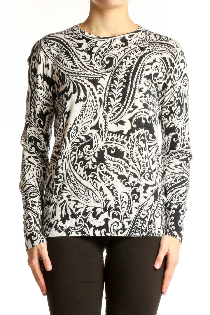 Front view of Lauren Ralph Lauren black and white paisley print knit sweater