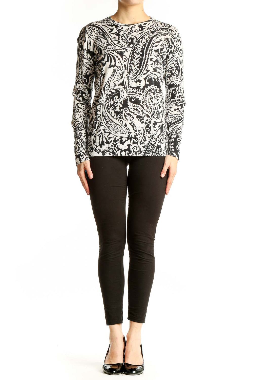 Front view of Lauren Ralph Lauren black and white paisley print knit sweater