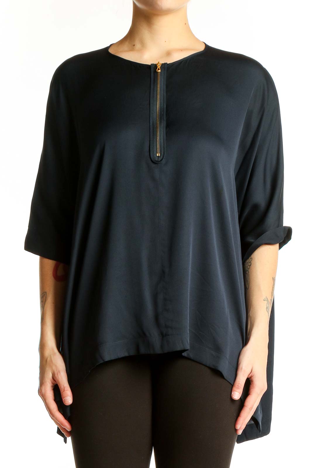 Front view of black oversized Vince blouse with zip-front detail