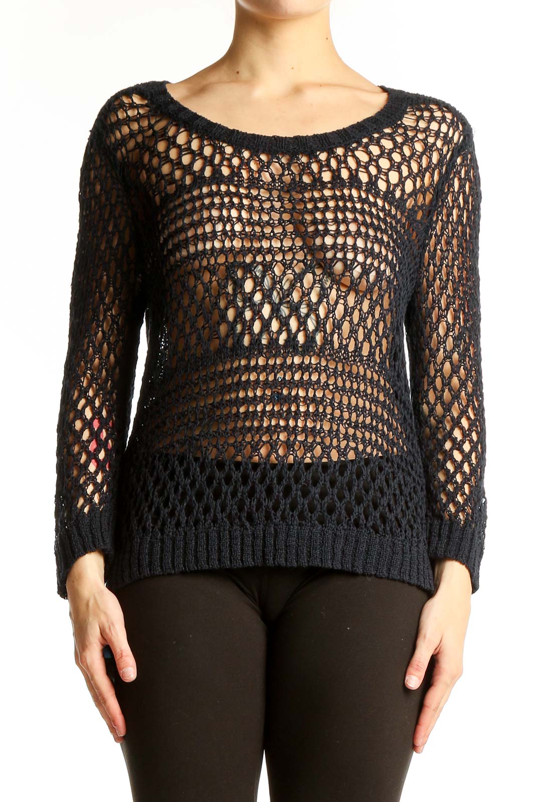 Front view of Ellen Tracy black open knit sweater with crochet-like pattern