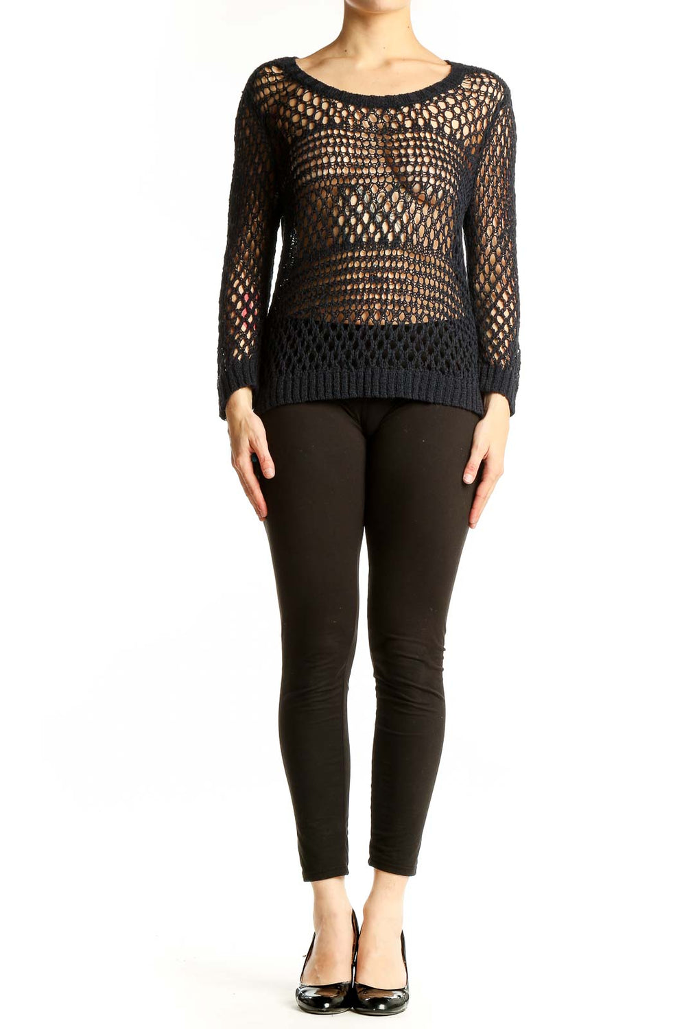 Front view of Ellen Tracy black open knit sweater with crochet-like pattern