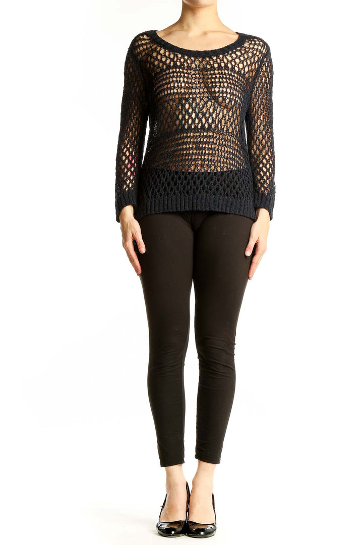 Front view of Ellen Tracy black open knit sweater with crochet-like pattern