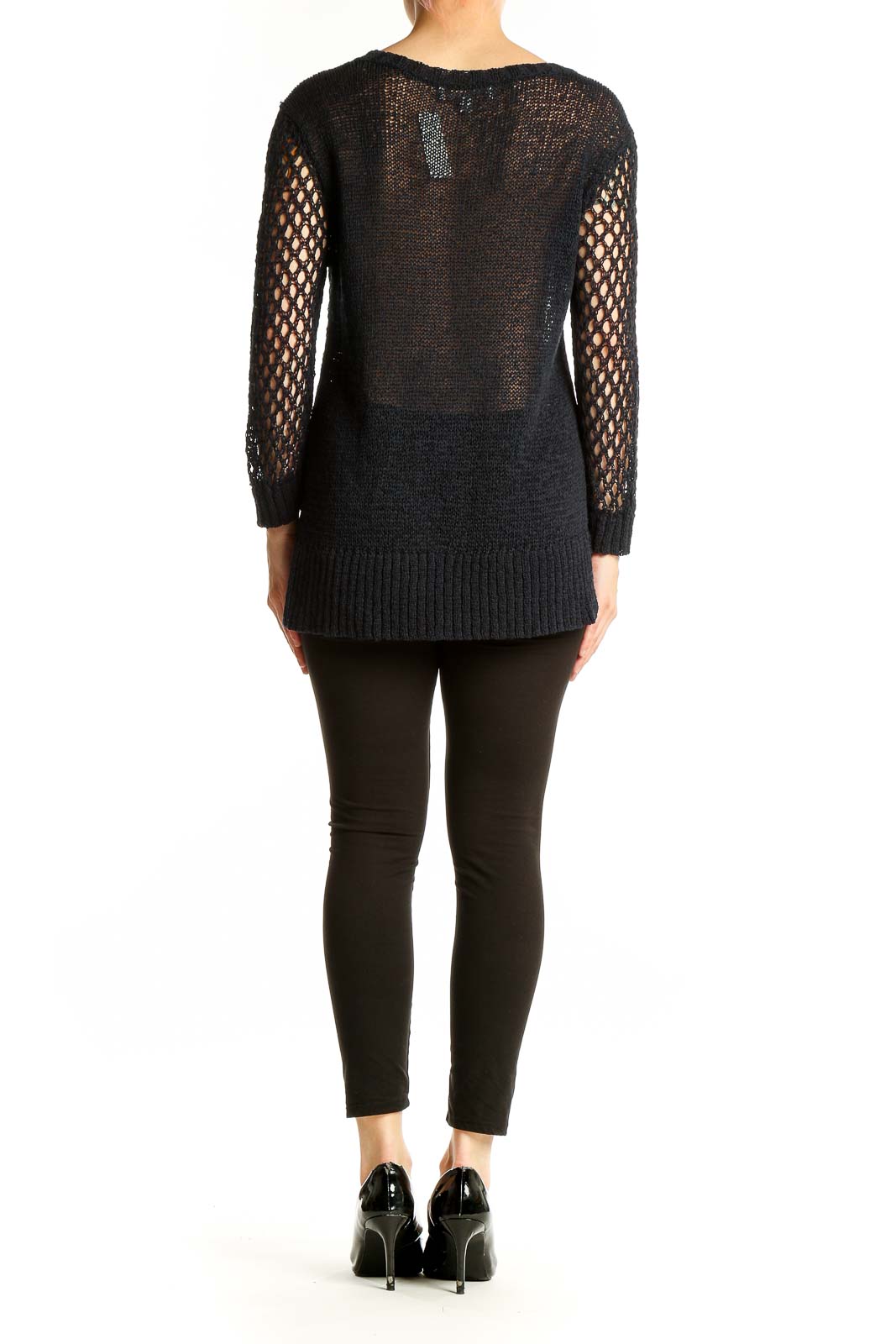 Side view of Ellen Tracy black open knit sweater showing texture and fit