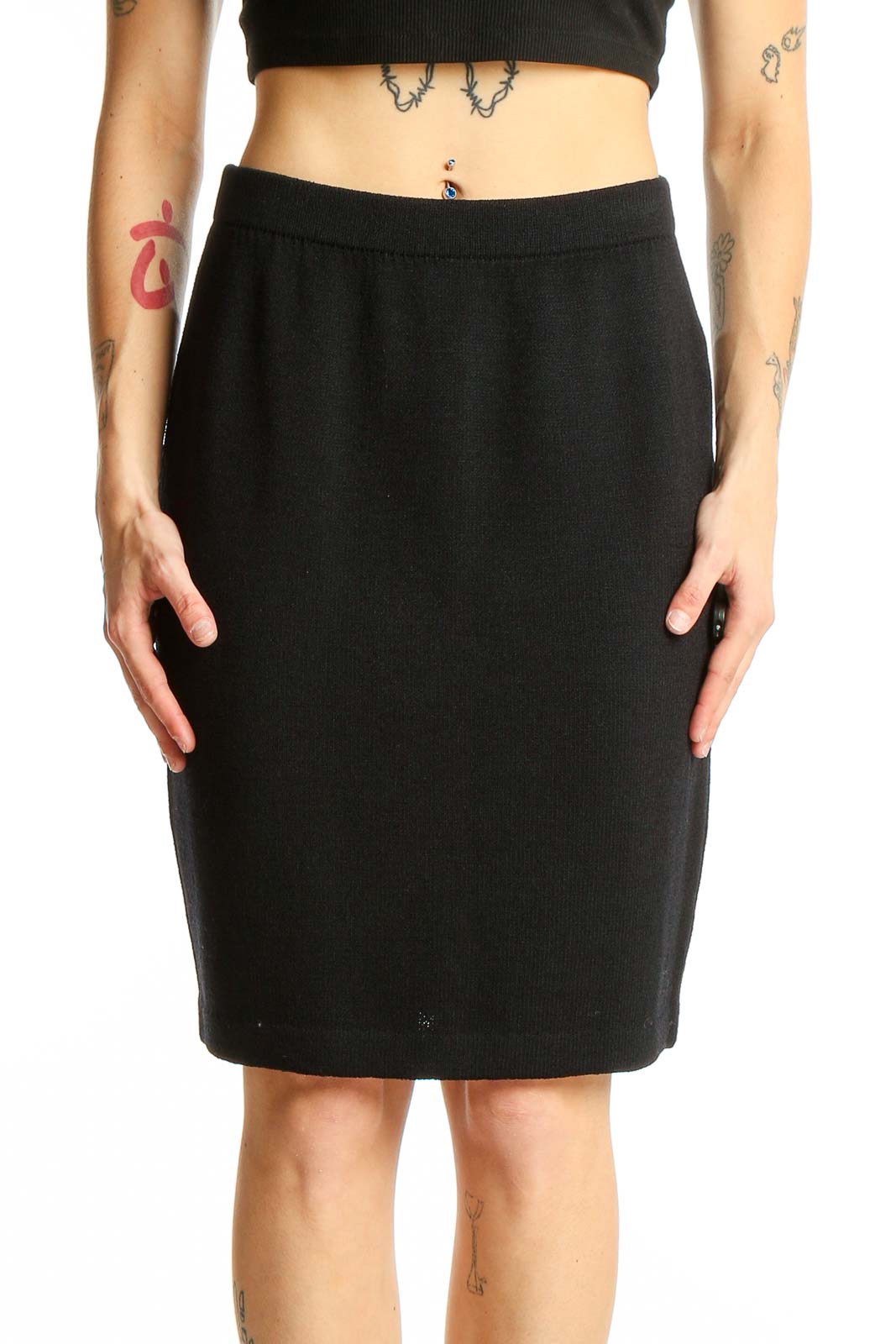Front view of black St. John pencil skirt on model