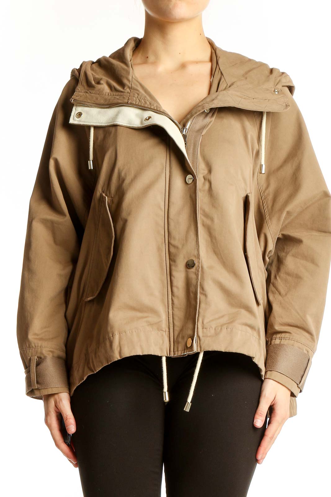 Front view of Zara beige hooded utility jacket with zip closure and pockets