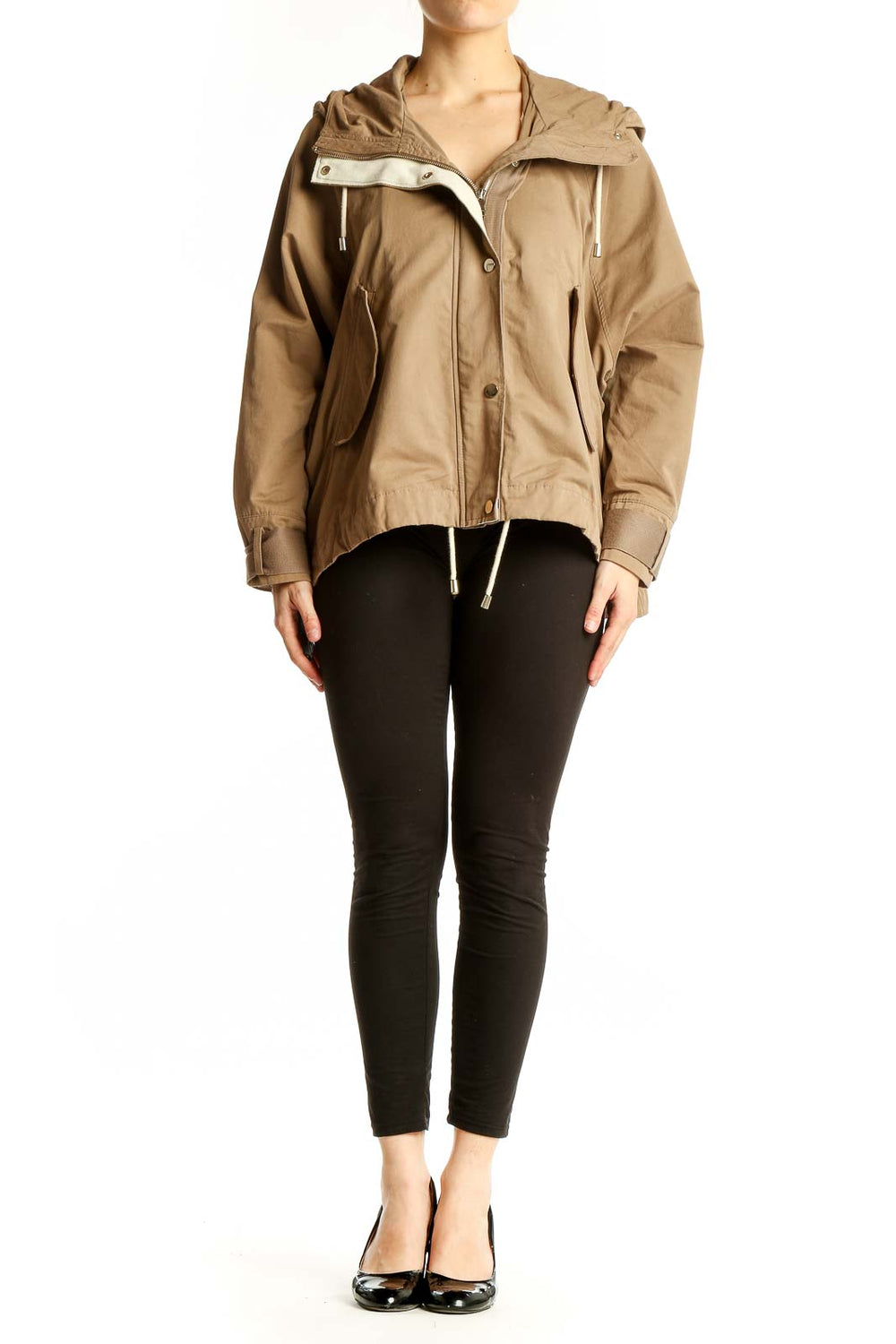Front view of Zara beige hooded utility jacket with zip closure and pockets