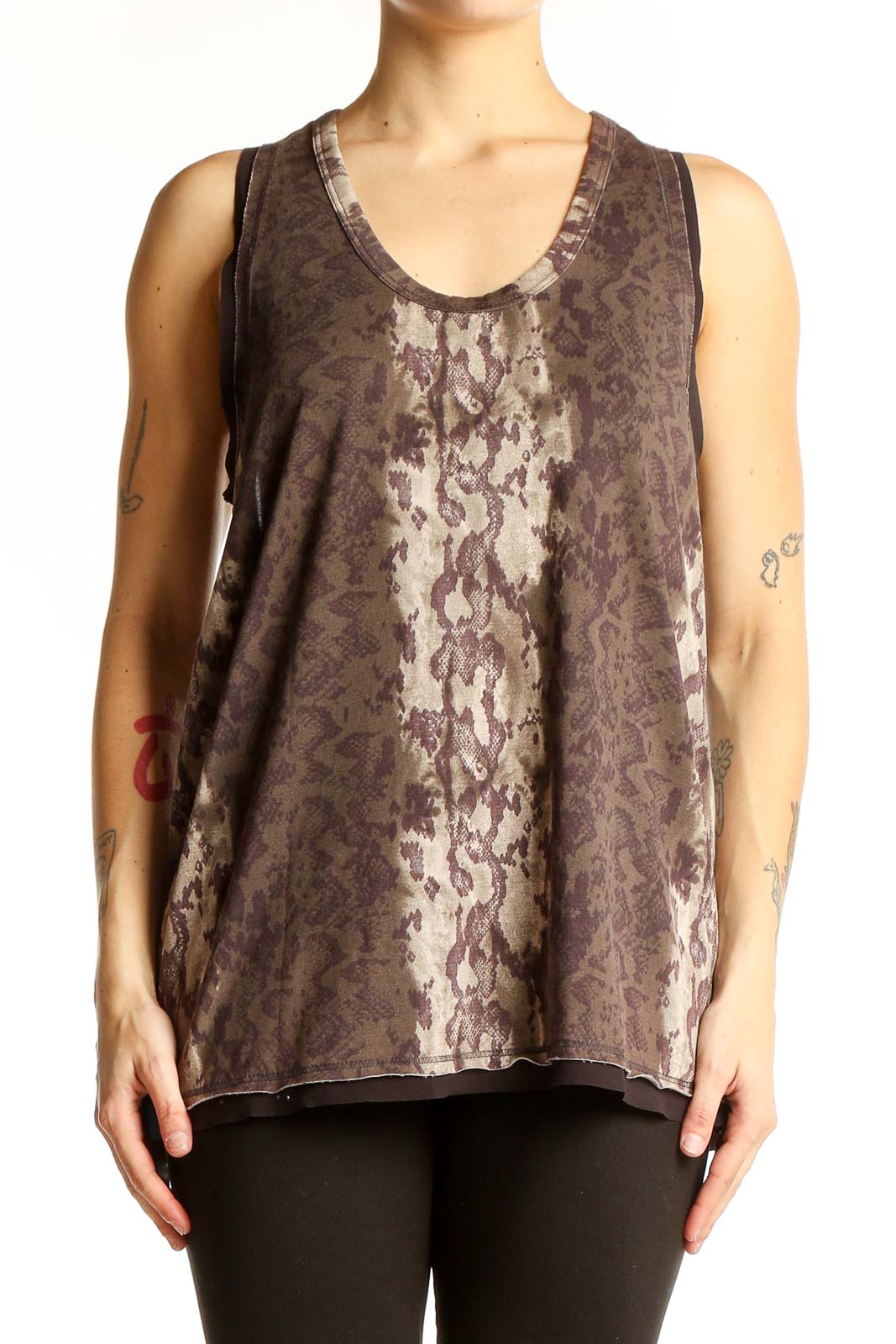 Front view of All Saints brown lace-patterned tank top with ombre effect