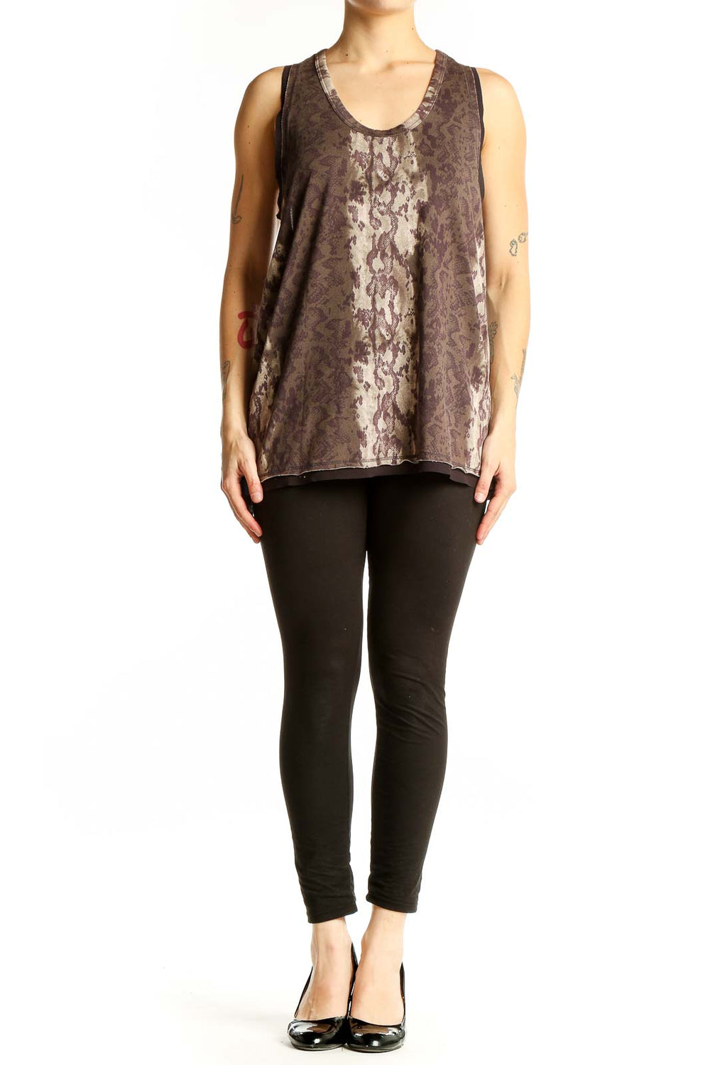 Front view of All Saints brown lace-patterned tank top with ombre effect