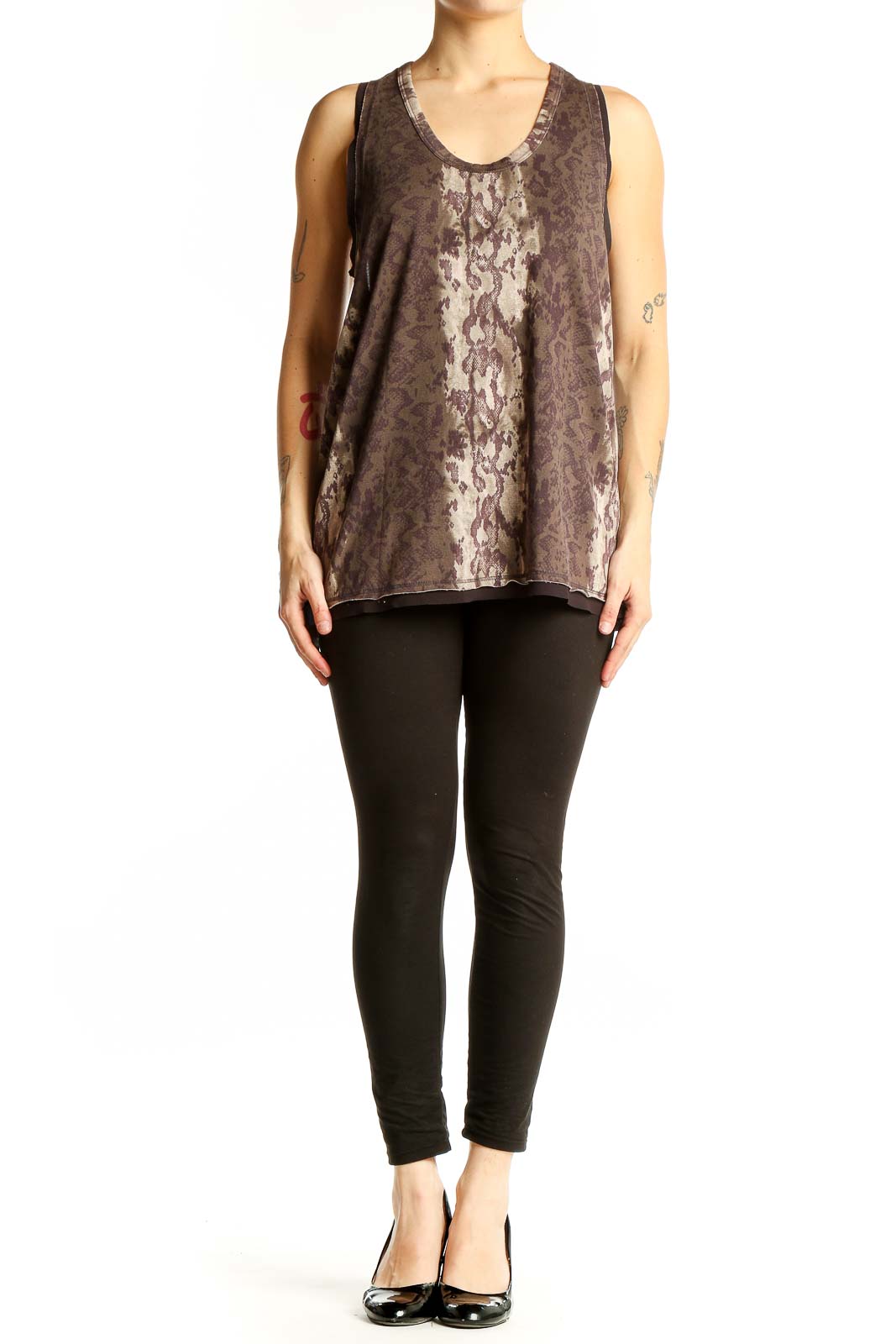 Front view of All Saints brown lace-patterned tank top with ombre effect