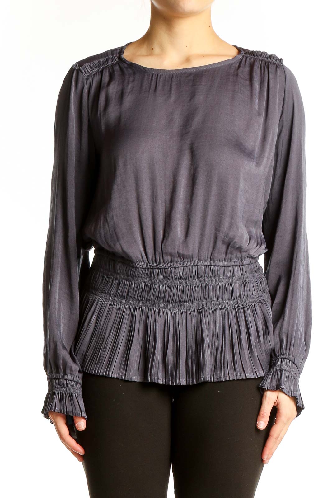 Front view of Tahari gray pleated peplum blouse with gathered neckline