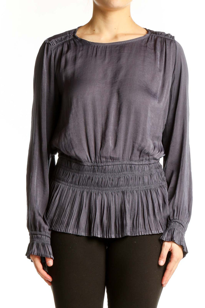 Front view of Tahari gray pleated peplum blouse with gathered neckline