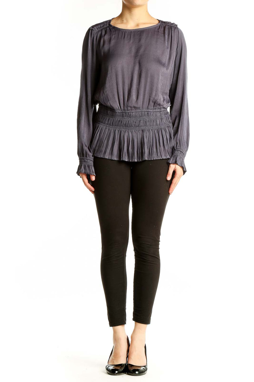 Front view of Tahari gray pleated peplum blouse with gathered neckline