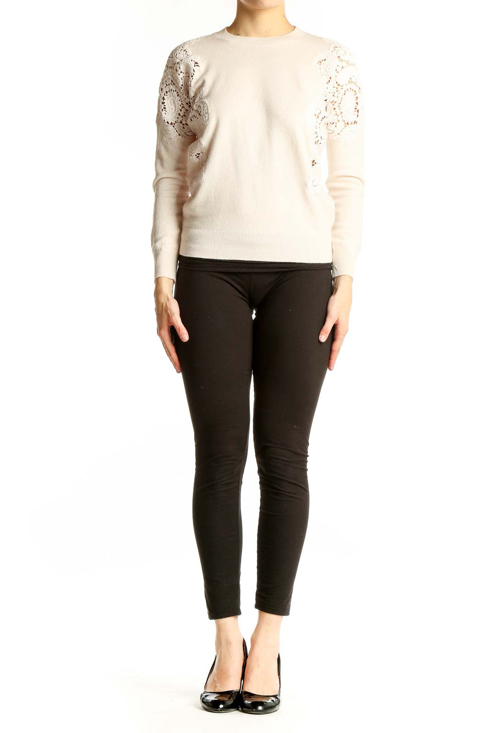 Front view of Ted Baker London cream sweater with lace detailing on shoulders