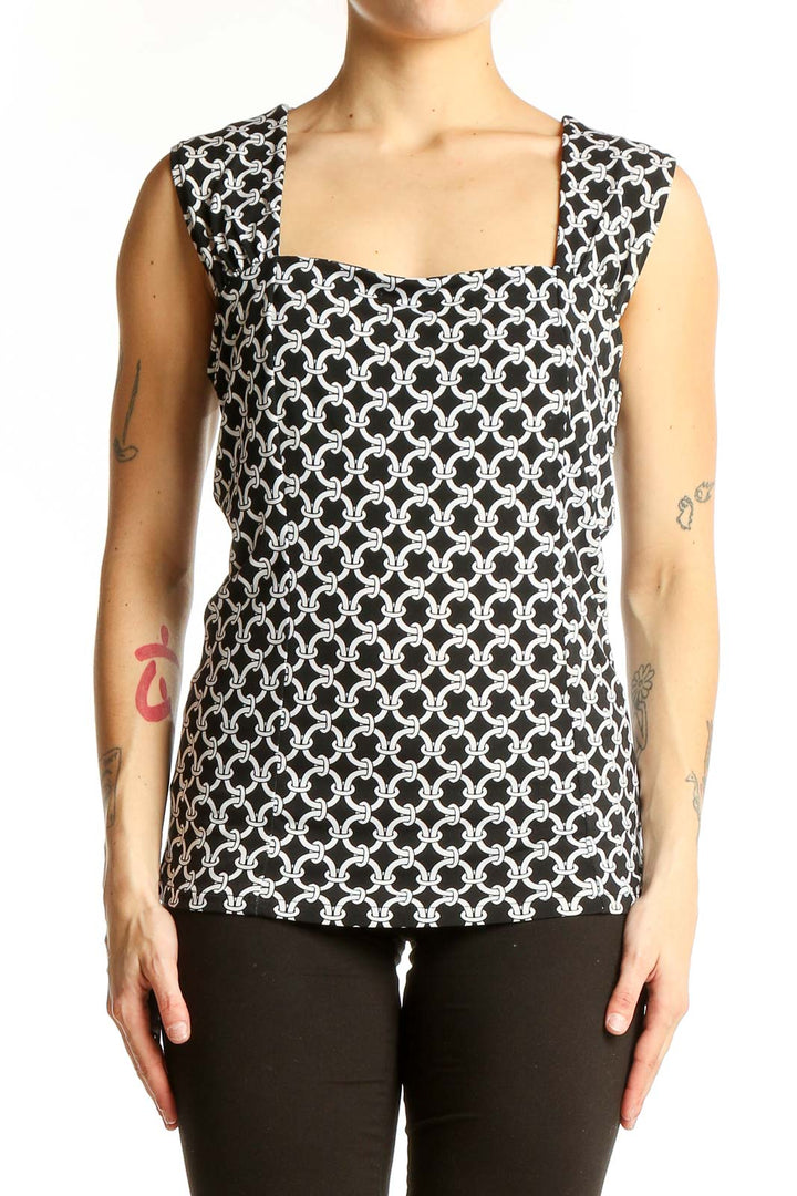 Front view of Black and White Geometric Print Sleeveless Top from White House Black Market