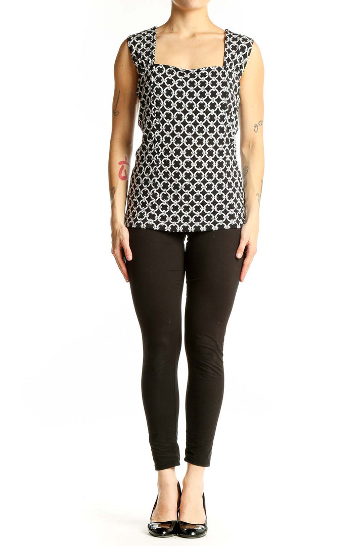Front view of Black and White Geometric Print Sleeveless Top from White House Black Market