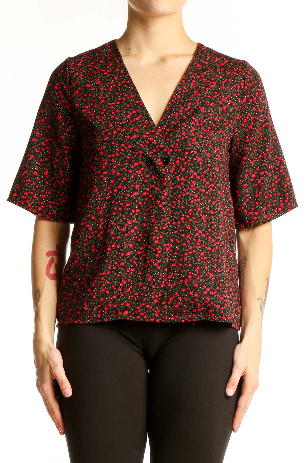 Front view of NastyGal red floral print V-neck blouse