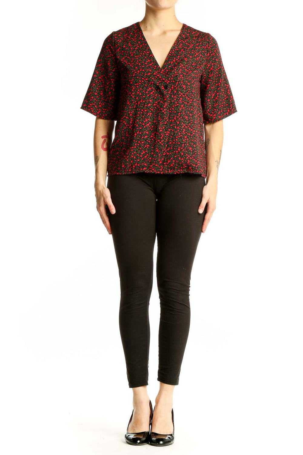 Front view of NastyGal red floral print V-neck blouse