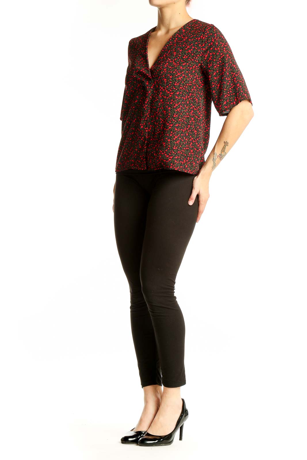 Front view of NastyGal red floral print V-neck blouse