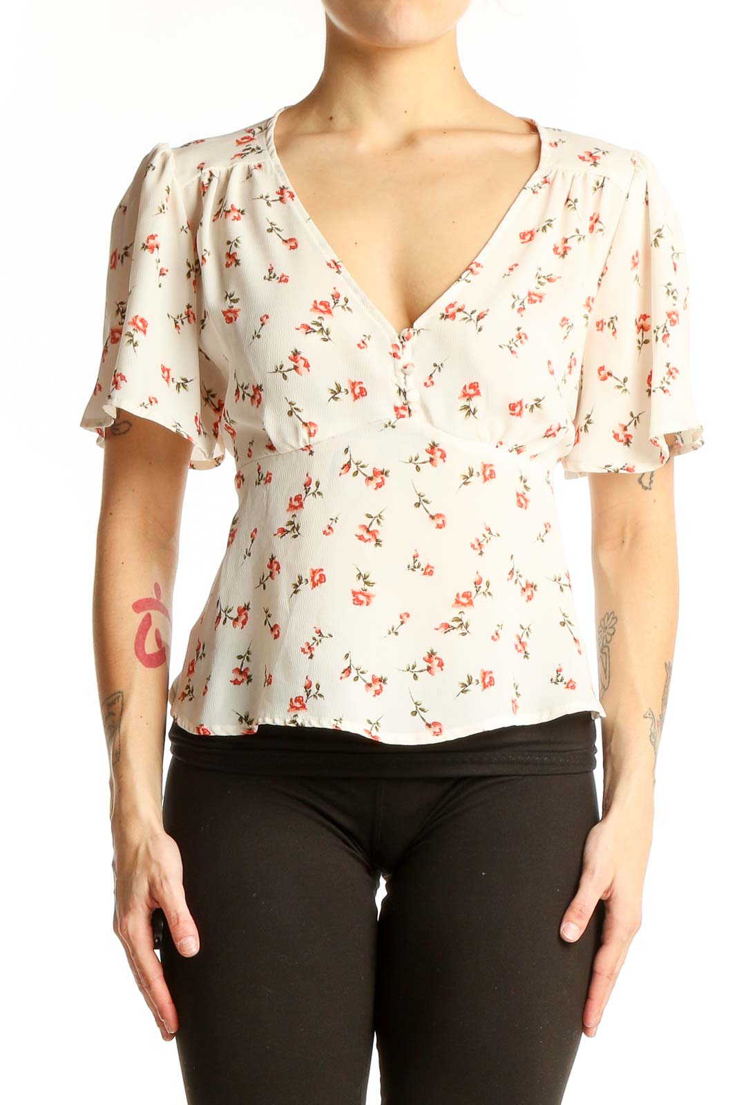 Front view of cream Papermoon blouse with coral floral print and flutter sleeves
