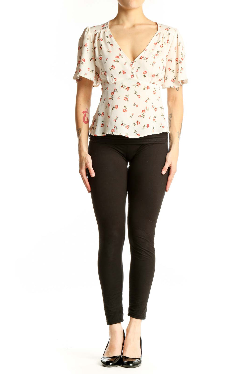 Front view of cream Papermoon blouse with coral floral print and flutter sleeves