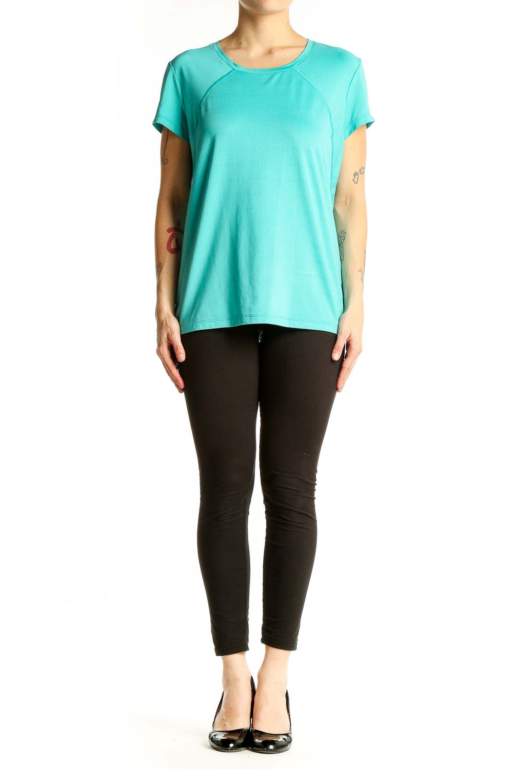 Front view of teal Columbia short-sleeve athletic top