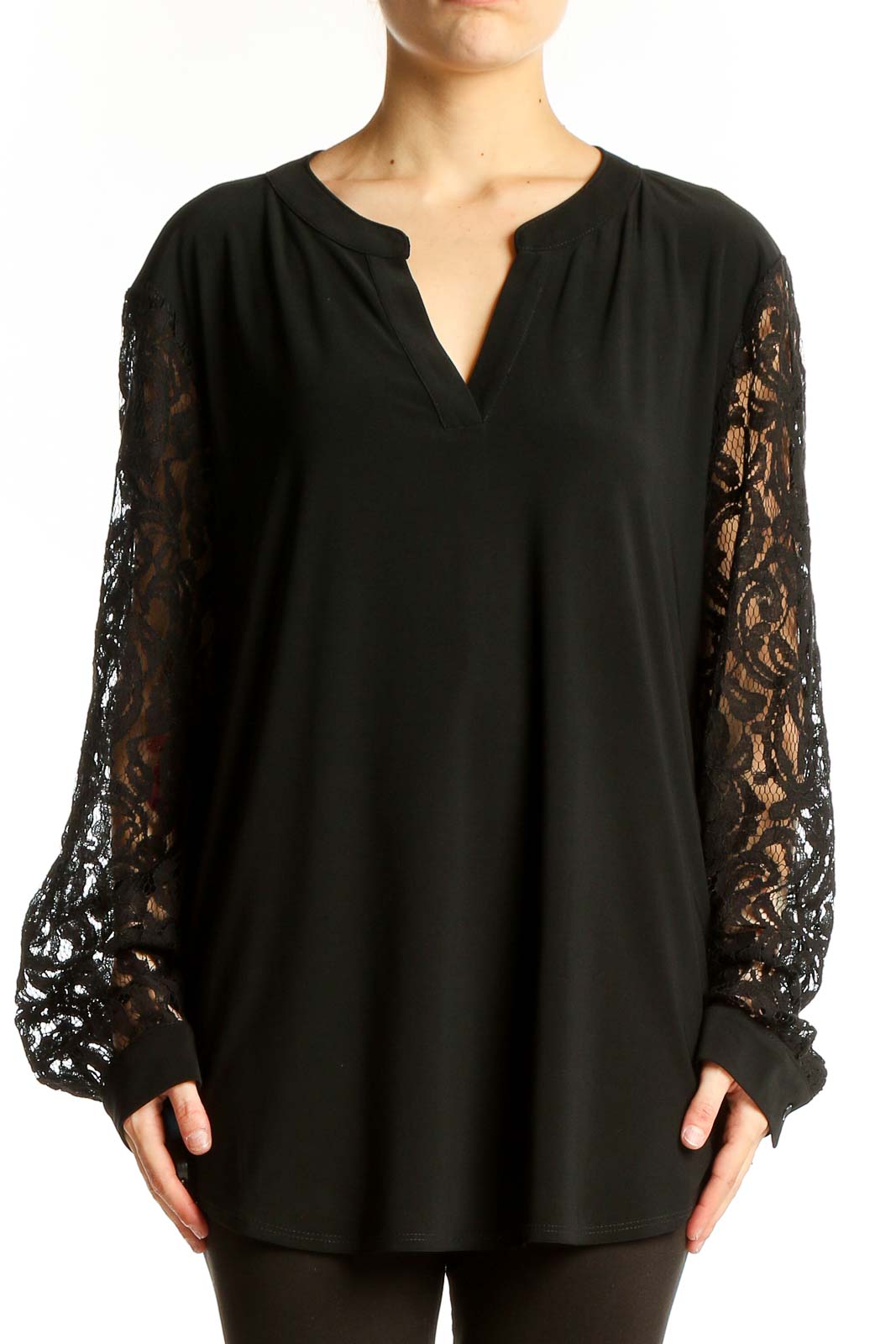 Front view of Kasper black tunic top with lace sleeves and v-neckline