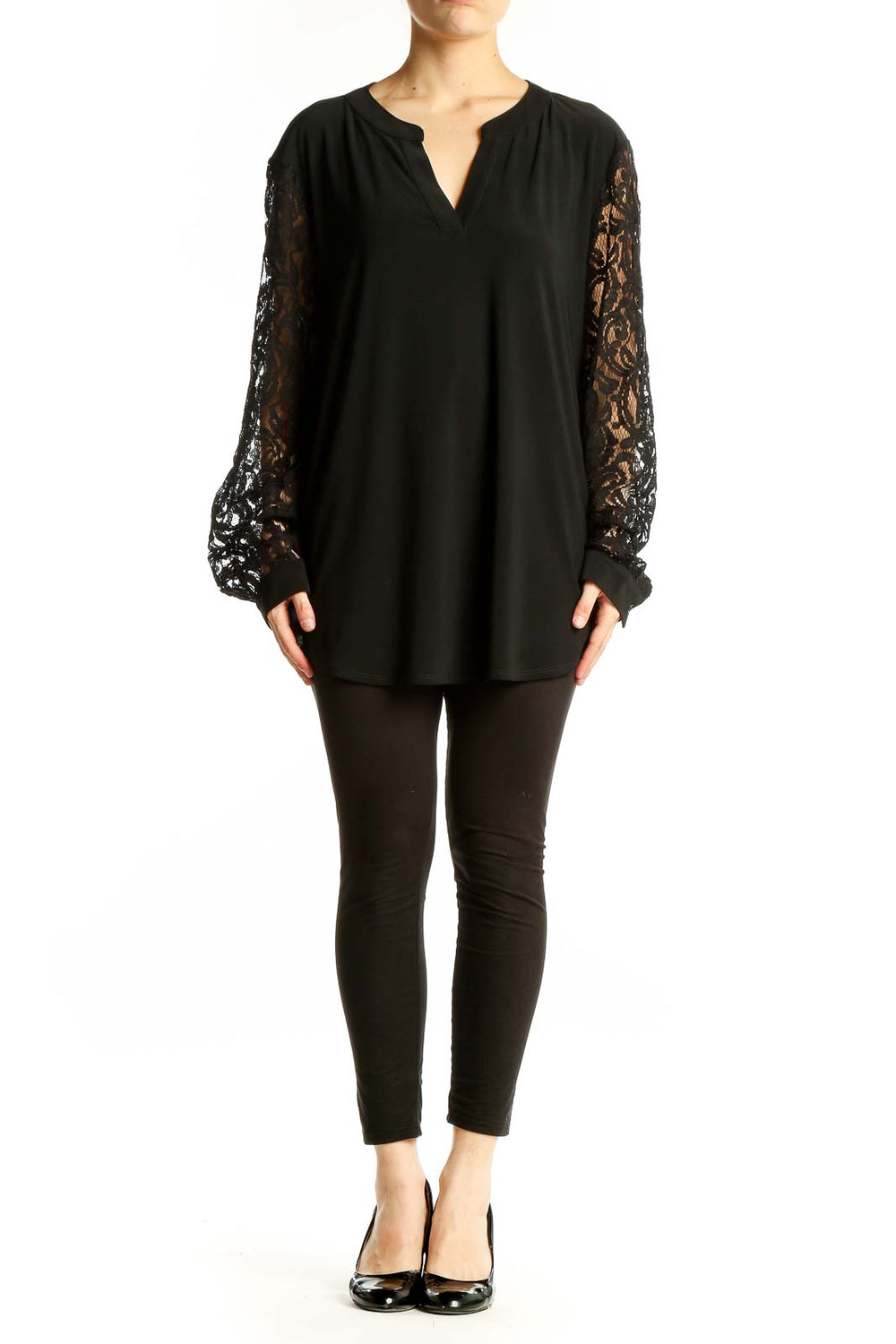 Front view of Kasper black tunic top with lace sleeves and v-neckline